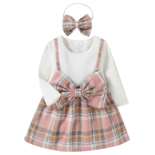 Valcatch Neugeborenes Baby Mädchen Langarmkleid Säugling Faux-Two Weihnachten Kariertes Kleid mit Schleife Stirnband Niedliche Herbst Outfits 3M-3Y von Valcatch