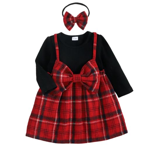 Valcatch Neugeborenes Baby Mädchen Langarmkleid Säugling Faux-Two Weihnachten Kariertes Kleid mit Schleife Stirnband Niedliche Herbst Outfits 3M-3Y von Valcatch