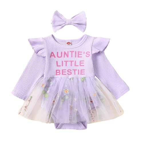 Valcatch Neugeborenes Baby Mädchen Sets Langarm Rüschen Strampler Blumentüll Tutu Kleid und Stirnband Tante Kleine Bestie Kleidung von Valcatch