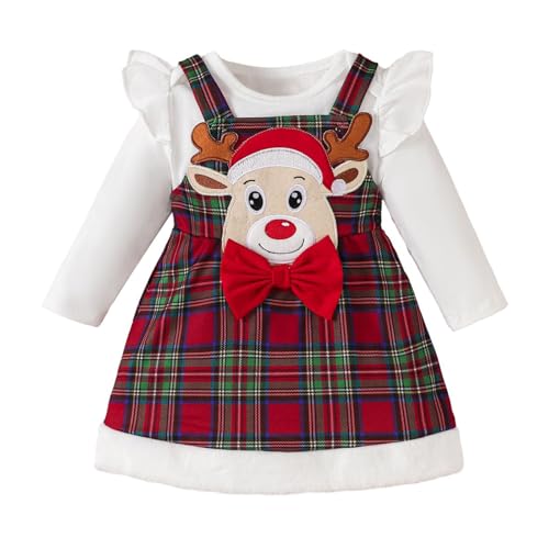 Valcatch Neugeborenes Baby Mädchen Weihnachten Outfits Inant Langarm Rüschen Strampler Tops + Hosenträger Karierter Rock 2 Stück Kinder Herbst Cllothes Set für 0-18M von Valcatch