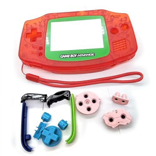 Custom for GBA Extra Clear Red Housing Shell + Green Protective Screen Cover Replacement, for GameBoy Advance Console, DIY Case Enclosure + Wrist-strap, Blue Buttons, Screws, Stickers, Tools von Valley Of The Sun
