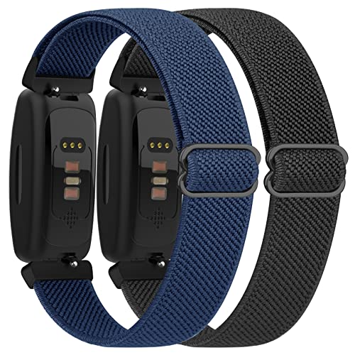 Vancle 2 Stück Elastische Armband für Fitbit Inspire/Inspire HR/Inspire 2 Armband, Verstellbares Nylon Dehnbar Ersatzarmband für Damen Herren (Schwarz+Navy blau) von Vancle