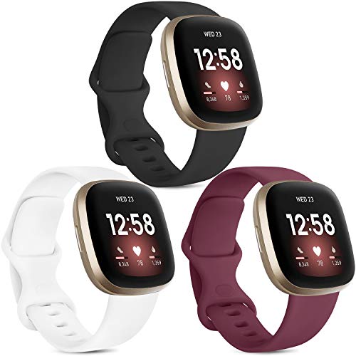 Vancle 3 Pack Armband Kompatibel mit Fitbit Versa 3 Armband/Fitbit Sense Armband, Weich TPU Sport Ersatz Armbänder Damen Herren für Fitbit Versa 3/Sense (S, Schwarz/Weiß/Weinrot) von Vancle