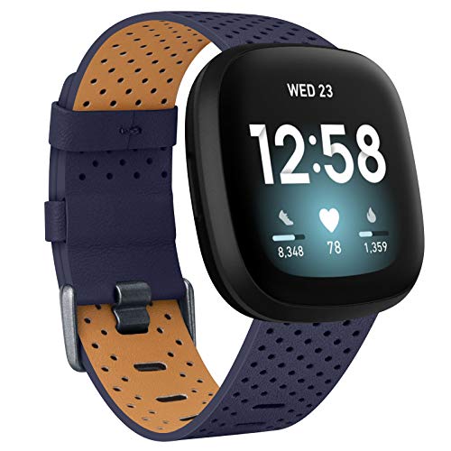 Vancle Kompatibel mit Fitbit Versa 3 Armband/Fitbit Sense Armband, Echtes Leder Ersatzband Armbänder Damen Herren für Fitbit Versa 3/Fitbit Sense (L, Dunkelblau) von Vancle