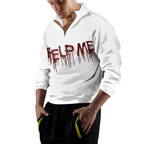 Angebot Des Tages Halloween Kostüm Herren Oversized Lustige Drucken Pullover Karneval Festival Festlich Sweatshirt Langarm Stehkragen 3 Knöpfe Pulli Halloween Langarmshirt Verkaufsstand (White, 3Xl) von Vasreyy