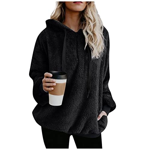 Angebot des Tages Sweatshirt Jacke Zipper Hoodie Y2K Longshirt Damen Lässig Für Leggings Plüsch Hoodie Einfarbige Oversize Kapuzenpullover Mit Taschen Kordelzug Weihnachts Hoodie Damen (Schwarz, 5XL) von Vasreyy