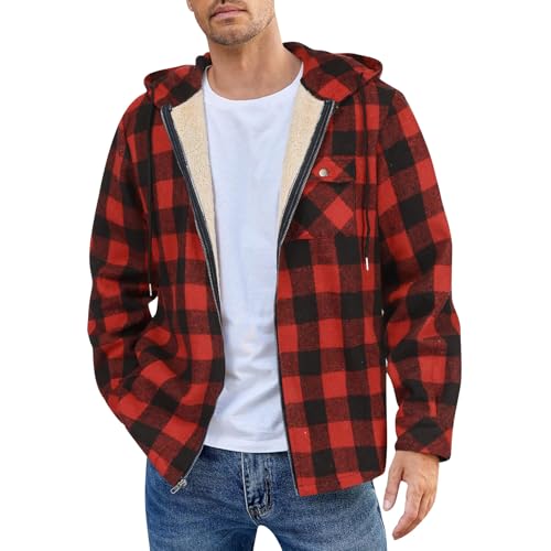 Angebote Des Tages Heute Blitzangebote Herren Sweatshirt Fleecejacke Karierter Sweatjacke Mit Kapuze Fleece Gefütter Kapuzenjacke Langarm Winterjacke Casual Übergangsjacke Mantel Herren (Rot, M) von Vasreyy