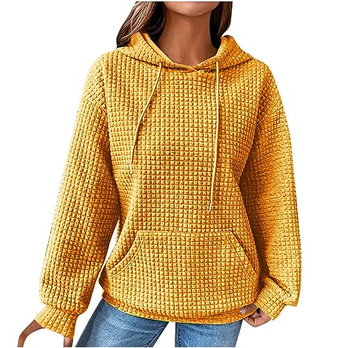 Angebote Tages blitzangebote Heute Pullover für Damen Cashmere Pullover Damen Einfarbig Waffel Pullover Mit Taschen Kordelzug Herbst Winter Warm Sweatshirt Pullover Damen Baumwolle (Yellow, L) von Vasreyy