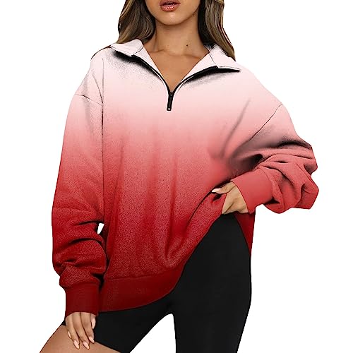 Blitzangebote Sweatshirt Jacke Damen Norweger Pullover Damen Sweatshirt Beige Oversize Pulli Ohne Kapuze Drucken Pullover Mit 1/4 Reißverschluss Langarm Pulli Pulli Pullover Damen Schwarz (Red, L) von Vasreyy