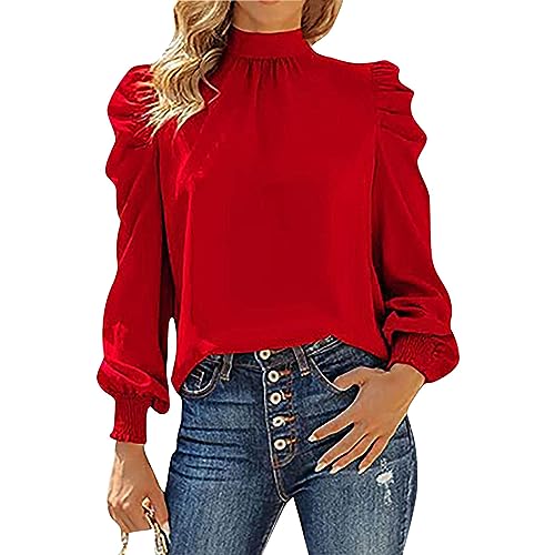 Cardigan Damen Lang Langarmshirt Damen Schwarz Frauen Einfarbig Puff Ärmel Rollkragen Langarmshirt Laternenärmel V-Ausschnitt Bluse Mit Knoten Lange Ärmel Oberteil Shirt Schwarz Damen (Rot, M) von Vasreyy