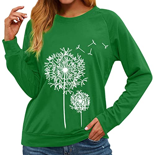 Damen Sale Angebote Damen Pullover Elegant Sweatshirt Damen Damen Gelb Blau Langarmshirt Langarm Pusteblume Drucken Rundhalsausschnitt Ohne Kapuze Langarmshirt Pullover Damen Oversize (Grün, Xl) von Vasreyy