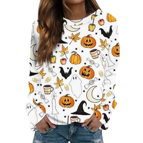 Damen Sale Angebote Women'S Hooded Loose Casual Halloween Themed Hoodie Oversize Kürbisse Drucken Pullover Langarm Rundhals Lustige Halloween-Drucke Sweatshirt Ugly Christmas Sweater (Khaki, L) von Vasreyy