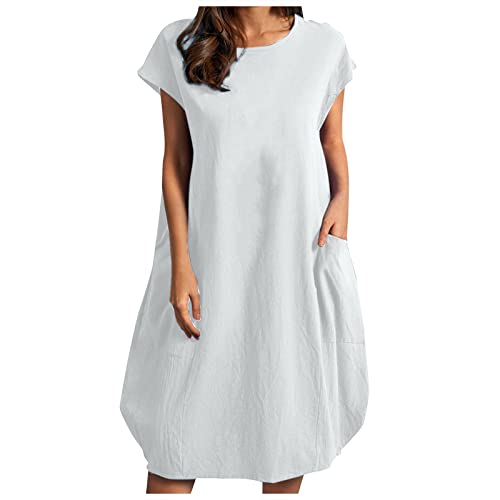 Damenmode Sale Midi Kleider Damen Lange Abendkleider Mit Ärmel Einfarbig Rundhals Kurzarm Leinen Baumwolle Kleid Mit Taschen Kleider Zum Anlass Hochzeit (Weiß, XL) von Vasreyy