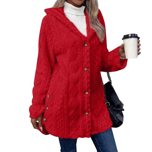 Deals Of The Day Outdoor Fleecejacken Für Damen Langarm Einfarbig Fleece-Kapuzenjacke Warm Wintermantel Outdoor Fleecejacken Für Damen Lang Winterjacke Pullover Casual Fleece Sweatjacke (Rot, S von Vasreyy