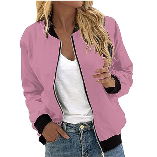 Jeansjacke Damen Oversize üBergangsjacke Damen Gym Jacke Frauen Einfarbig Leichte Stehkragen Bomber Jacket Mit ReißVerschluss Herbst Langarm DüNne Full Zip College Jacket Hybrid Jacke (Pink, M) von Vasreyy