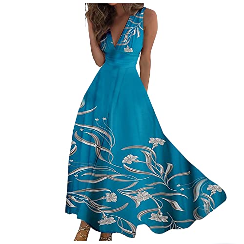 Kleider Damen Festlich Elegant, Kleid A Linie Sommer Lange Kleider Damen Elegant Freizeit Bedrucktes Ärmelloses Tank Wickelkleid Glitzer Kleid Damen Party Sommerkleid Damen Blau(3XL,Königsblau) von Vasreyy