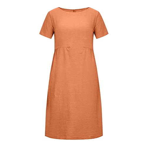 Meine Bestellung Anzeigen Rotes Kleid Damen Maxikleider Damen Sommer Einfarbig Rundhals Leinen Baumwolle Kleid Mit Taschen Kleider Damen Sommer Sexy (Orange, M) von Vasreyy