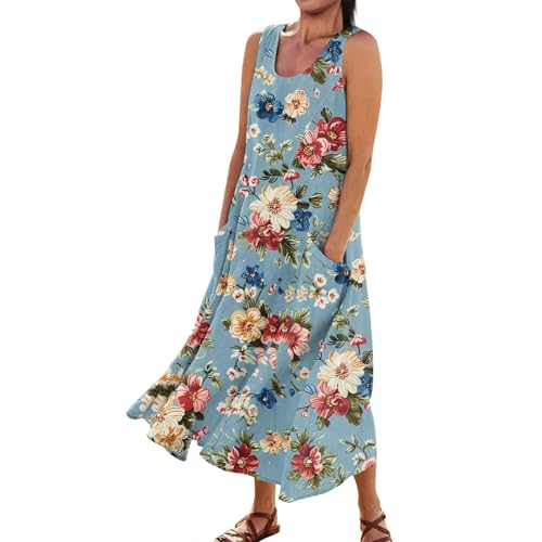 Meine Bestellung anzeigen Boho Kleidung Damen Ibiza Style Kleider Kleider Damen Sommer Blumendruck Ärmellos Rundhals Sommerkleid Damen Lang mit Taschen hängekleider Damen Sommer (Light Blue, 3XL) von Vasreyy