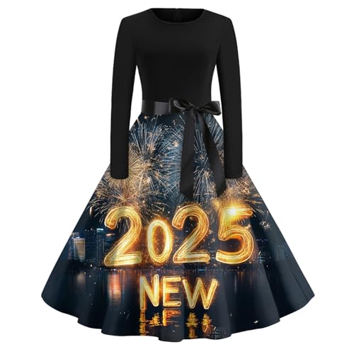 Meine Bestellungen Anzeigen Herbstkleid Happy New Year 2025 Weihnachtskleider Damen Bedruckt Cocktailkleid Karneval Und Bow Belt Kleid Weihnachtlich Partykleid Sexy Silvester Midikleid (Yellow, Xxl) von Vasreyy