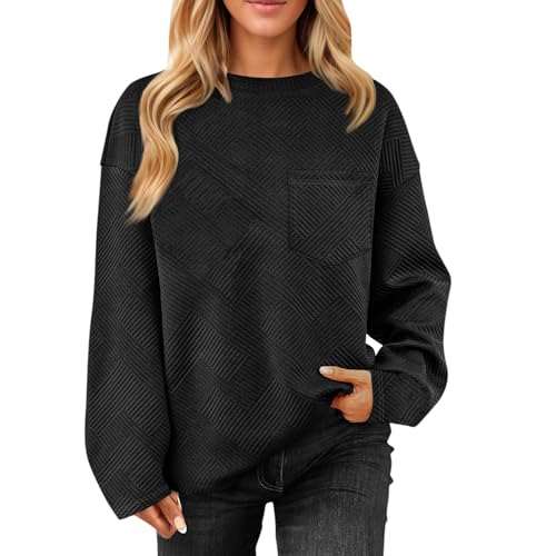 Outlet Angebote Damen Pullover Winter Damen Pullover Herbst Sweatshirt Damen Langarmshirt Textur Einfarbige Rundhalsausschnitt Pullover Mit Ohne Kapuze Langarmshirt Sweatshirt Jungen (Schwarz, L) von Vasreyy