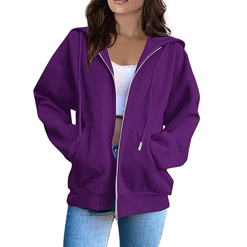 Pailletten Jacke Herbst Damen Strickpullover Oversize Frauen Einfarbig Kapuzenjacke Mit Reißverschluss Oversize Kapuzenpullover Herbst Winter Sweatjacke Nike Blazer Mid 77 Damen (Dark Purple, L) von Vasreyy