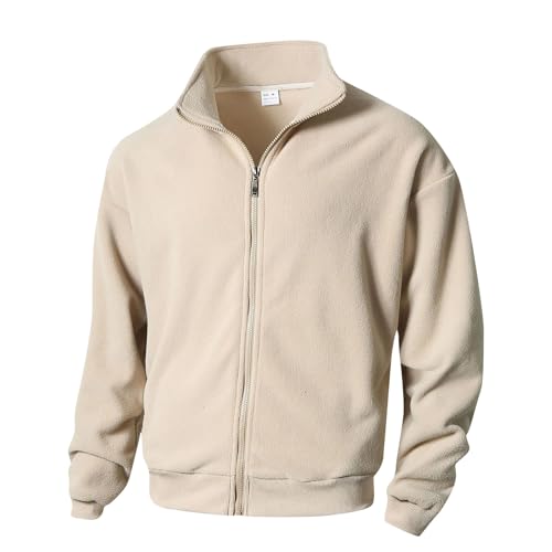 Tagesangebote Heute Sweatshirt Jacke Herren Plüsch Pullover Langarm Stehkragen Sweatjacke Mit Reißverschluss Winter Warm Gefüttert Stehkragenpullover Full Zip Winterpullover Sweatshirt (Beige, M) von Vasreyy