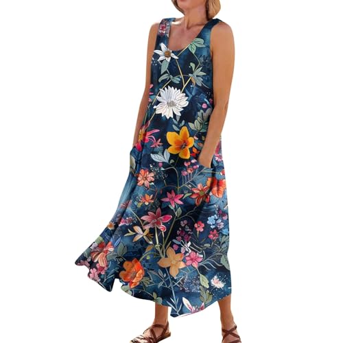 Tunika Kleid Damen Sommer, Strandkleider Für Frauen Ab 50 Wickelkleid Strand Bunte Boho Blumen Druck Rundhals Ärmellos Baumwolle Leinen Maxikleid Street-One Kleider Sexy Minikleid (L,2-Dunkelblau) von Vasreyy