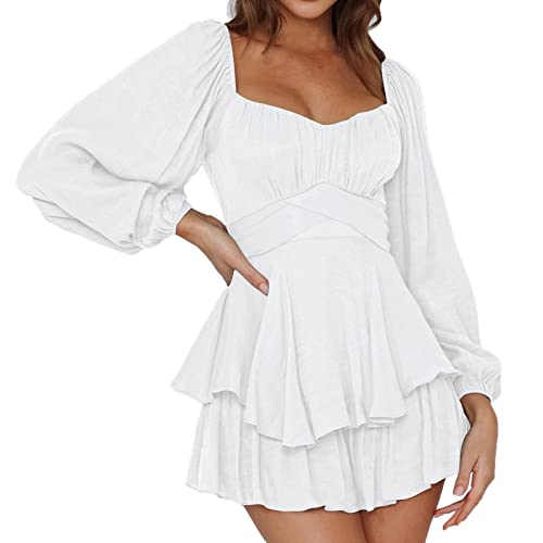 Vasreyy 2024 Angebote Sommerkleid Damen Lang Piratenkostüm Kleid Swing Rüschenkleid Mit Langarm Puffärmeln Off Shoulder Slash Neck Skaterkleid Einfarbiges A Linien Kleid Patchwork Kleid (White, S) von Vasreyy