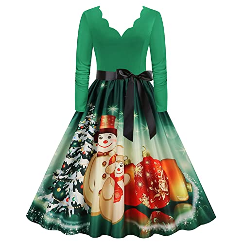 Vasreyy Angebote Abendkleid Langarm Bedruckt Cocktailkleid Weihnachtlich Partykleid Sexy Silvester Midikleider Lustig Swing A Linie Kleid Karneval Kleid Festival Abendkleid (Green, 3XL) von Vasreyy