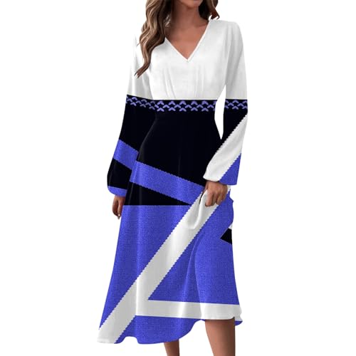 Vasreyy Angebote Tages blitzangebote Heute Sommerkleid Damen Kleid a Linie V-Ausschnitt Geometrischer Druck blusen Kleid breiter gürtel Damen für Kleid (Blue, XXL) von Vasreyy