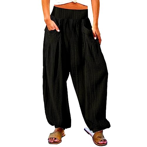 Vasreyy Angebote des Tages Heute Bauchweg Hose Damen Sommer Hosen Frauen Y2K Hoher Taille Plissiert Elastischer Bund Schlupfhose Mit Tasche Einfarbig Stretch Boyfriend Paperbag Pants Casual Trousers von Vasreyy