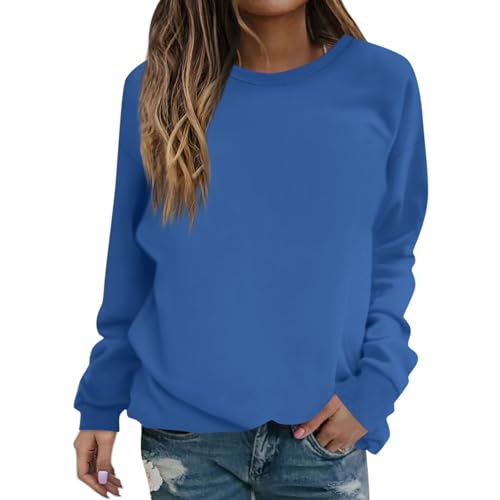 Vasreyy Meine Bestellung Musselin Bluse Damen Langarmshirt Damen Baumwolle Weihnachts Hoodie Bluse Top Ohne Kapuze Elegent Einfarbige Rundhals-Ausschnitt Pullover Winter Warm (Royal Blue, XL) von Vasreyy