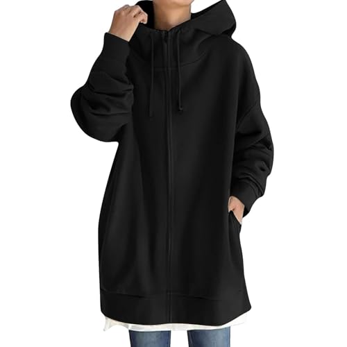 Vasreyy Blitzangebote Damen-Jacken Langarm Zipper Hoodie Jacke Casual Sweatshirt Mit Kapuze Warm Winterjacke Einfarbig Kapuzenjacke Elegant Fleecejacke Cardigan Kapuzenpullover (Black, XL) von Vasreyy