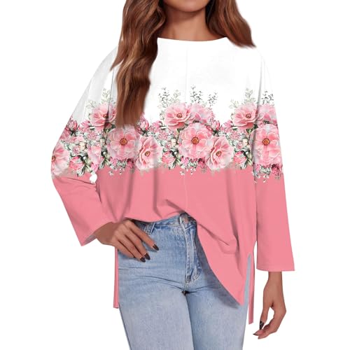 Vasreyy Blitzangebote Laufshirt Damen Langarm Blumendruck Rundhals Langarmshirt Damen Oberteile Mit Schlitz Leichte Tuniken Hemdbluse Shirt Damen Elegant Shirts Damen Tagesangebote Heute (Pink, L) von Vasreyy