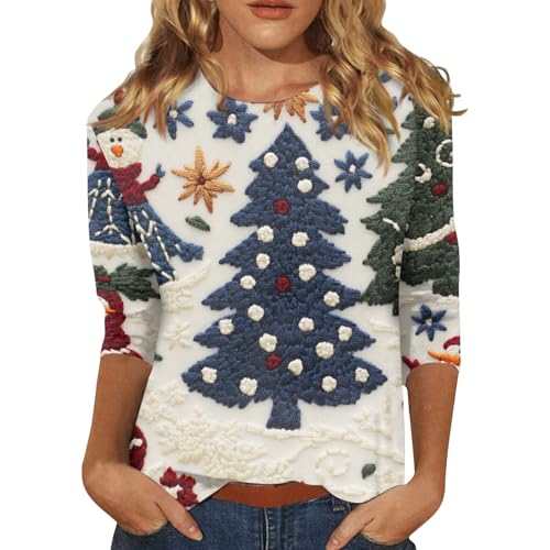 Vasreyy Cyber Monday Woche Weihnachtsshirt Damen 3/4 Ärmel Shirt Damen Lustig Weihnachten Bedrucken Sweatshirt Damen Oversized Rundhals Bluse Christmas Langarmshirt Festliche Karneval Weihnachtsbluse von Vasreyy