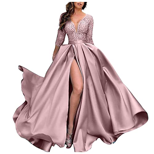 Vasreyy Damen Kleid Elegant Sexy Glitzer Tiefer V-Ausschnitt Seitenschlitz Abendkleid 3/30 Ärmel Schleppend Partykleid Vintage Einfarbig Cocktailkleid Hohe Taille Ballkleid Partykleid von Vasreyy