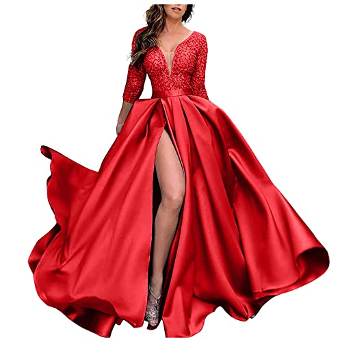 Vasreyy Damen Kleid Elegant Sexy Glitzer Tiefer V-Ausschnitt Seitenschlitz Abendkleid 3/42 Ärmel Schleppend Partykleid Vintage Einfarbig Cocktailkleid Hohe Taille Ballkleid Partykleid von Vasreyy