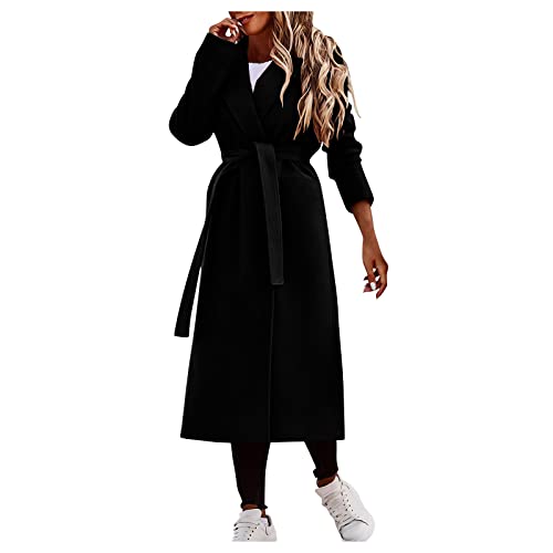 Vasreyy Damen Mantel Langarm Elegant Einfarbig V-Ausschnitt Lang Mantel mit Gürtel Herbst Winter Wintermantel mit Taschen Warm Revers Winterjacke Basic Wollmantel Slim Windbreaker Trenchcoat von Vasreyy