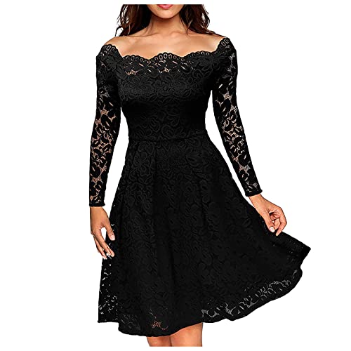 Vasreyy Damen Rockabilly Kleider Hochzeitsgast Kleid Damen Kurzes Schwarzes Kleid Elegant Spitze Langarm Einfarbig A-Linie Kleider Hohe Taille Swing Spitzenkleid Knielang Abendkleid Strandkleid von Vasreyy