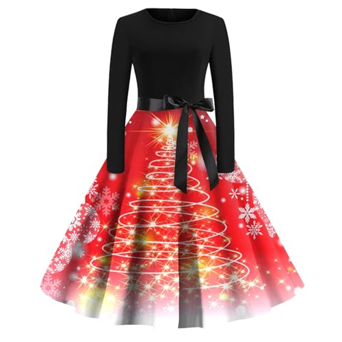 Vasreyy Damen Sale Rockabilly Kleider Damen Bedruckt Cocktailkleid Karneval Und Bow Belt Kleid Weihnachtlich Partykleid Sexy Silvester Midikleid Swing A Linie Kleid Festliches Kleid (Vermilion, XL) von Vasreyy