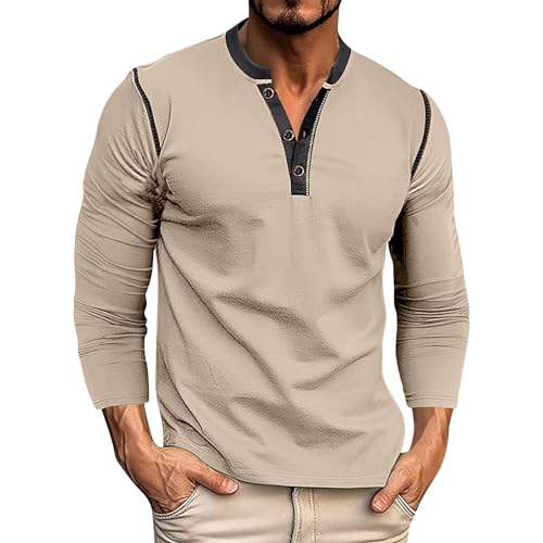 Vasreyy Deals Sweatshirt Herren Vintage Farbblock Henley Pullover Langarm 3 Knöpfe Sweatshirt Regular Fit Hemdbluse Basic T-Shirt Slim Fit Freizeithemd Shirt Herren (Khaki, XXL) von Vasreyy