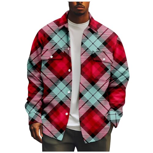 Vasreyy Deals Westernhemd Herren Langarm Oversize Drucken Cordhemd Button Down Revers Corduroy Langarmhemd Mit Brusttasche Regular Fit Hemdbluse Männer Winterjacke Hemd Herren Langarm (Rot, 6XL) von Vasreyy