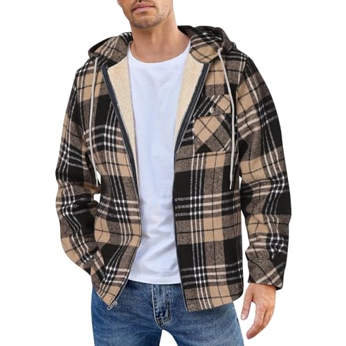 Vasreyy Deals of The Day Winterjacke Herren Hoodie Herren Fleecejacke Karierter Druck Kordelzug Sweatjacke Mit Kapuze Gefütterte Jacke Mit Reißverschluss Sweatshirts Für Herren (Khaki, M) von Vasreyy