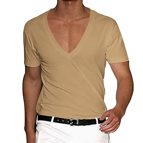 Vasreyy Herren Pullover Muscle Shirt Herren Nachthemd Herren Einfarbig Tiefer V-Ausschnitt Kurzarm T-Shirts Sport Shirt Frühling und Sommer Casual Kurzarmshirt Tees Poloshirts (Khaki, 4XL) von Vasreyy