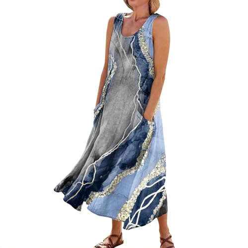 Vasreyy Meine Bestellung anzeigen 50er Jahre Kleider Damen Boho Kleid lang Vintage Blumendruck Ärmellos Westenkleid Rundhals Midikleid Gatsby Kleid (Blau, XXL) von Vasreyy