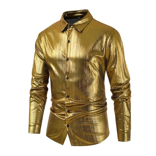 Vasreyy Meine Bestellungen Anzeigen Hemd Herren Knopfleiste Metallic Glänzend Polokragen Pullover Einfarbig Revers Polo Shirts Slim Fit Polohemd Regular Fit Freizeitshirts Trachtenhemd (Gold, L) von Vasreyy