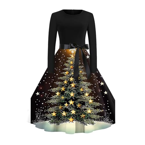 Vasreyy Meine Bestellungen Anzeigen Kleid Langarm Langarm Schneemann Bedruckt Cocktailkleid Karneval Und Bow Belt Kleid Sexy Silvester Midikleider Festliches Kleid (Gold, L) von Vasreyy