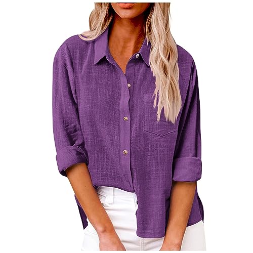 Vasreyy Meine Bestellungen Anzeigen Poloshirts Für Damen Leinenbluse Shirt Damen Langarm Einfarbig Revers Baumwolle Tshirt Mit Tasche Knopfleiste Longshirt Damen Langarmshirt Mädchen (Purple, S) von Vasreyy