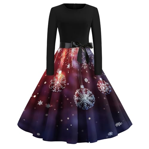 Vasreyy Meine Bestellungen Anzeigen Rock Damen Weihnachtskleid Damen Langarm Bedruckt Karneval Und Bow Belt Kleid Sexy Silvester Midikleid Weihnachtlich Partykleid Festliches Kleid (Purple, L) von Vasreyy