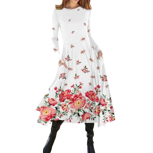 Vasreyy Meine bestellungen anzeigen schwarzes Kleid frauenkleidung Blumendruck Rundhalst Mixikleid Taille Langes Kleid mit Tasche weißes Kleid Damen (White, XXL) von Vasreyy
